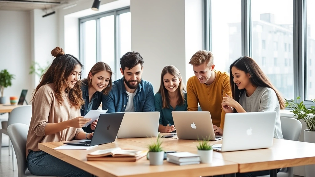 Diverse group of young professionals collaborating at workspace with laptops and notebooks, energetic atmosphere, natural daylight from windows, modern minimalist office design