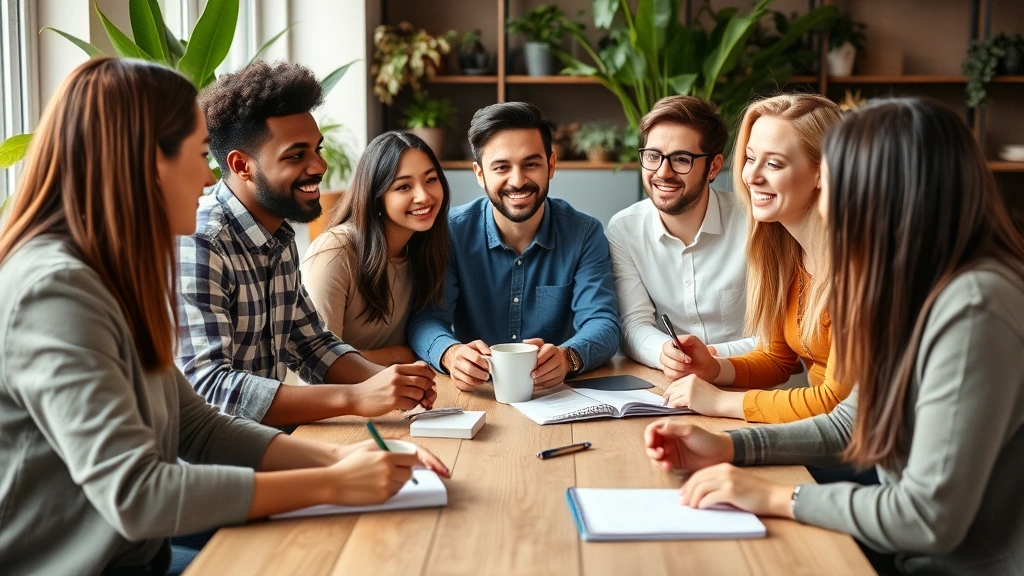Diverse group of young professionals in casual meeting discussing financial goals around table with coffee, smiling, collaborative atmosphere, modern workspace with plants and natural light