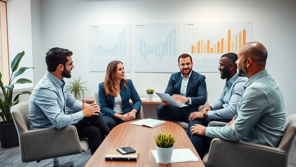 Diverse financial advisor meeting with clients in modern office, discussing investment strategy with graphs on wall, professional yet approachable atmosphere