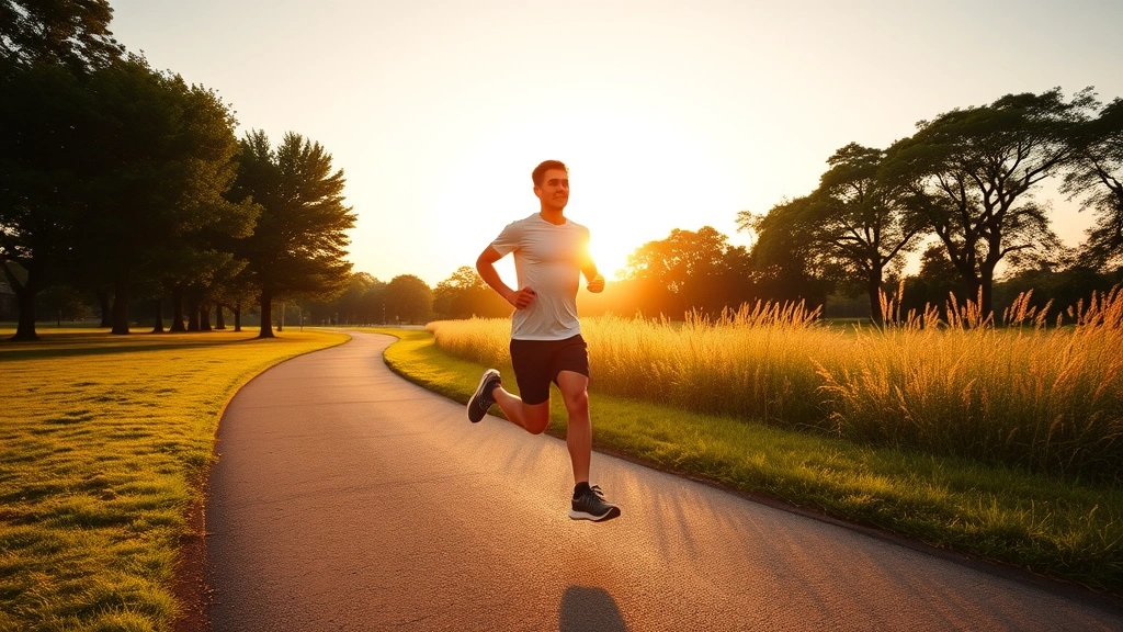 Person jogging in park at sunrise with healthy energy, vibrant landscape, demonstrating wellness and vitality for financial success mindset