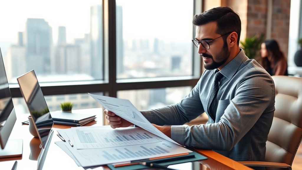 Wealthy entrepreneur reviewing financial documents and growth charts at executive desk, confident posture, professional environment with city skyline visible through windows, warm lighting