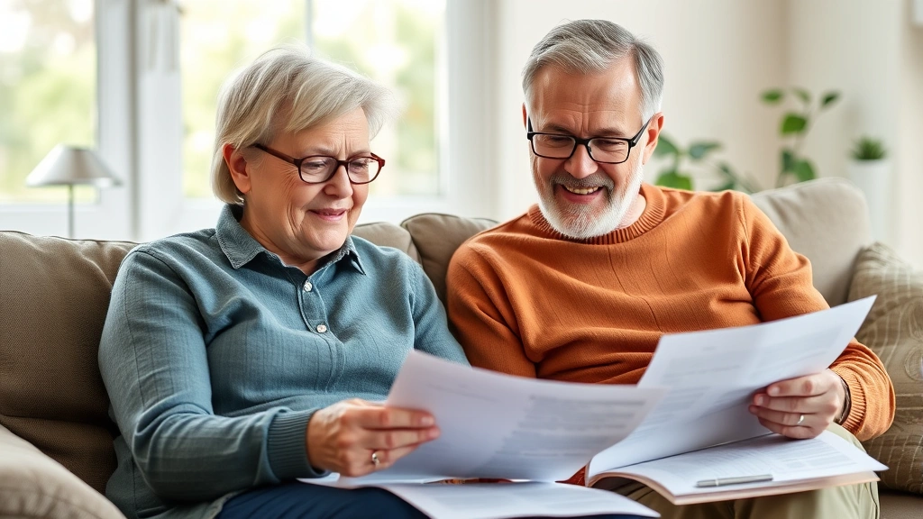 Middle-aged couple reviewing retirement plan documents together at home, sitting on comfortable couch, reviewing papers, peaceful domestic setting, natural window lighting, content expressions