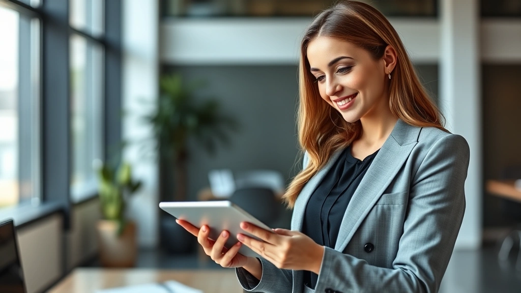 Professional woman in business attire reviewing health data on tablet in modern office, confident expression, natural lighting, wealth and wellness concept
