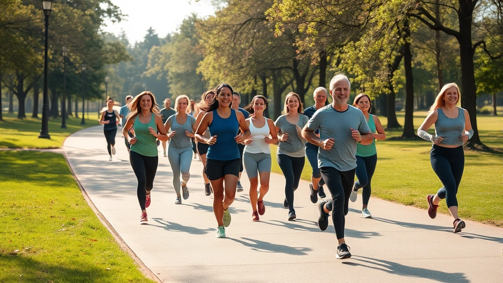 Diverse group of people exercising outdoors in park, joggers running on path, fitness lifestyle, healthy community, morning sunlight, prosperity through wellness