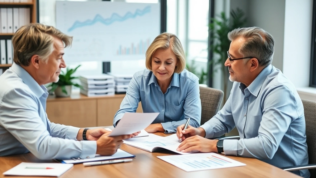 Mature couple meeting with financial advisor at desk reviewing documents and charts, discussing long-term planning, professional office environment, trust and guidance