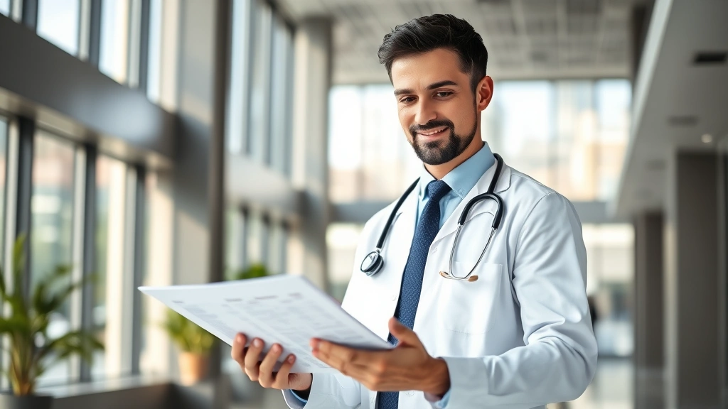 Professional healthcare worker in modern medical facility reviewing financial documents and investment portfolio on tablet, confident expression, natural lighting through large windows, contemporary office setting