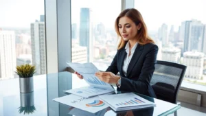 Professional woman in business attire reviewing financial documents and charts at modern glass desk with city skyline visible through windows, confident expression, natural lighting