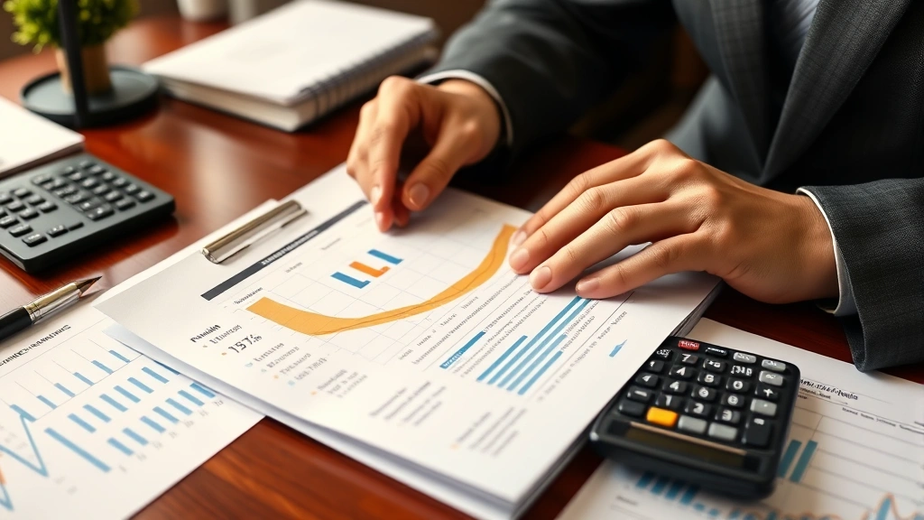 Close-up of hands holding a financial planning document with growth charts, calculator, and investment statements on mahogany desk, professional wealth management aesthetic, warm office lighting