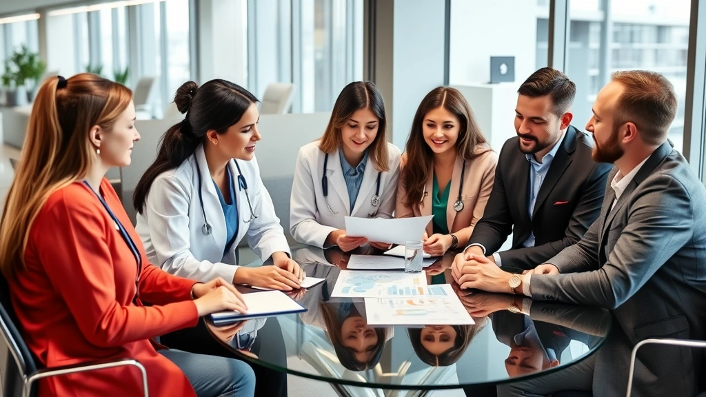 Diverse group of healthcare professionals in modern office setting discussing retirement planning with financial advisor, collaborative atmosphere, glass conference table with financial charts visible