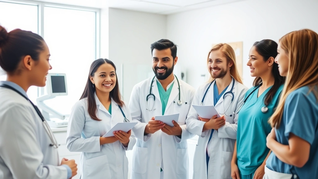 Healthcare team collaborating in bright clinical setting, diverse professionals discussing patient care, modern medical technology visible, teamwork and communication emphasized