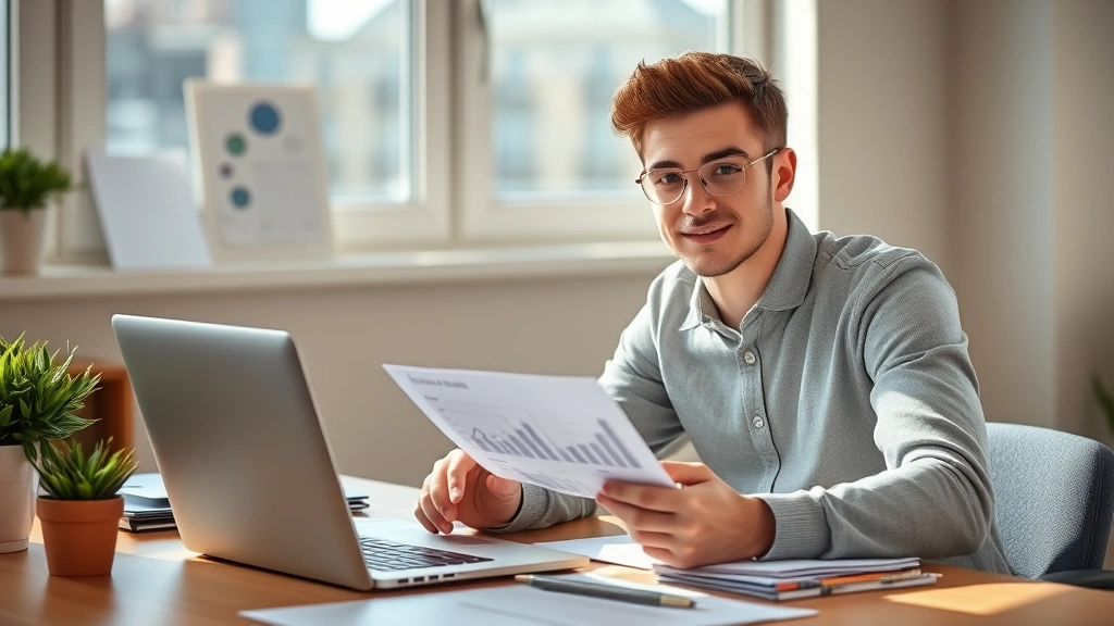 Young professional at desk planning financial future, reviewing documents and laptop showing growth charts, confident posture, natural workspace lighting, wealth planning materials visible