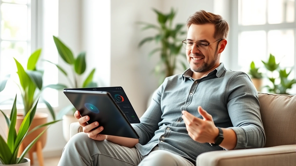 Successful investor reviewing AI-powered financial dashboard on tablet device while sitting in comfortable home office with plants and natural light, confident expression, wealth visualization