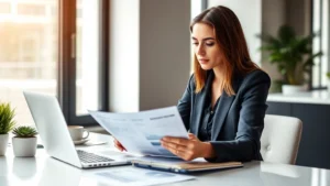 Professional woman reviewing financial documents and investment portfolio on modern desk with laptop and coffee, natural daylight, focused expression