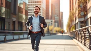 Professional man in business casual attire jogging on sunny urban path during morning, energized expression, modern city buildings background, natural daylight