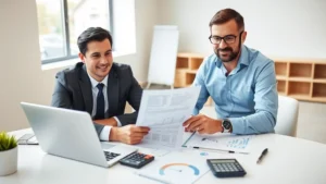 Professional real estate agent and investor reviewing property documents and financial statements at modern desk with laptop, clipboard, and calculator, natural office lighting, confident expression showing wealth-building consultation