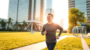 Professional businessman in his 40s jogging at sunrise in a modern urban park, energized expression, athletic wear, morning light reflecting off glass buildings, symbolizing health-driven success and vitality