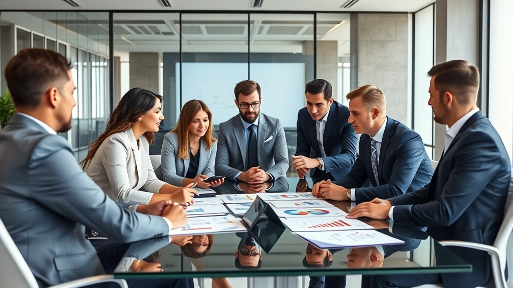 Diverse group of professionals in business attire collaborating around conference table with financial charts and growth graphs visible, modern office setting