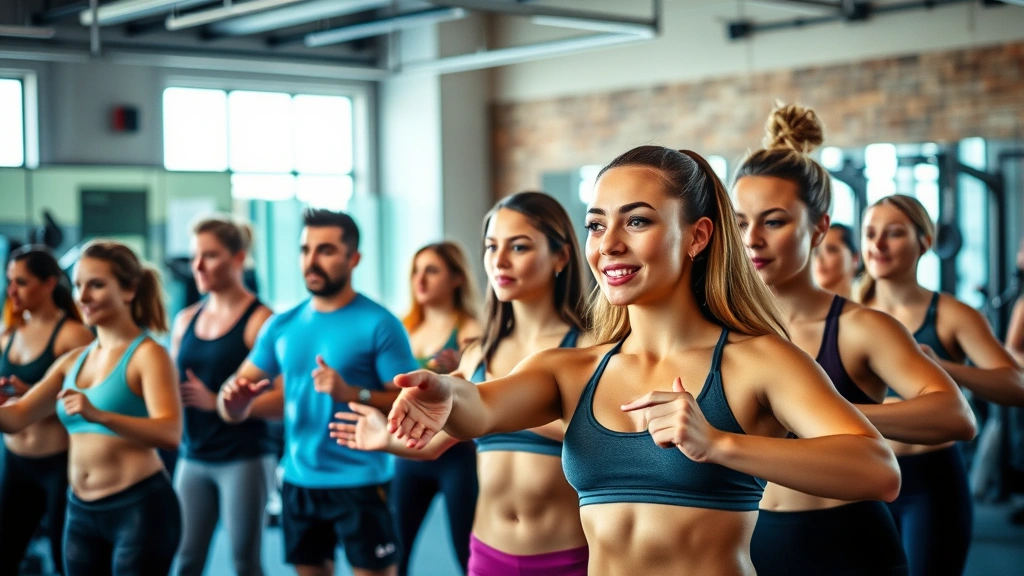 Diverse group of people in gym setting doing group fitness class, focused and engaged expressions, natural gym lighting, workout equipment visible, motivational atmosphere