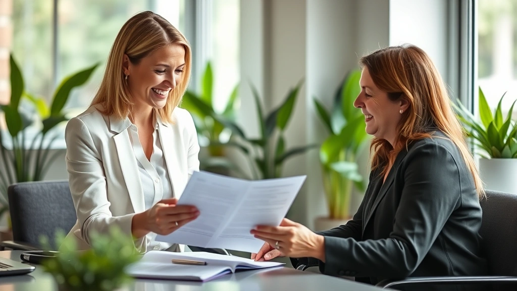 Female financial advisor in modern office reviewing health and wellness portfolio documents with client, both smiling, natural daylight through windows, plants in background, representing integrated health-wealth strategy