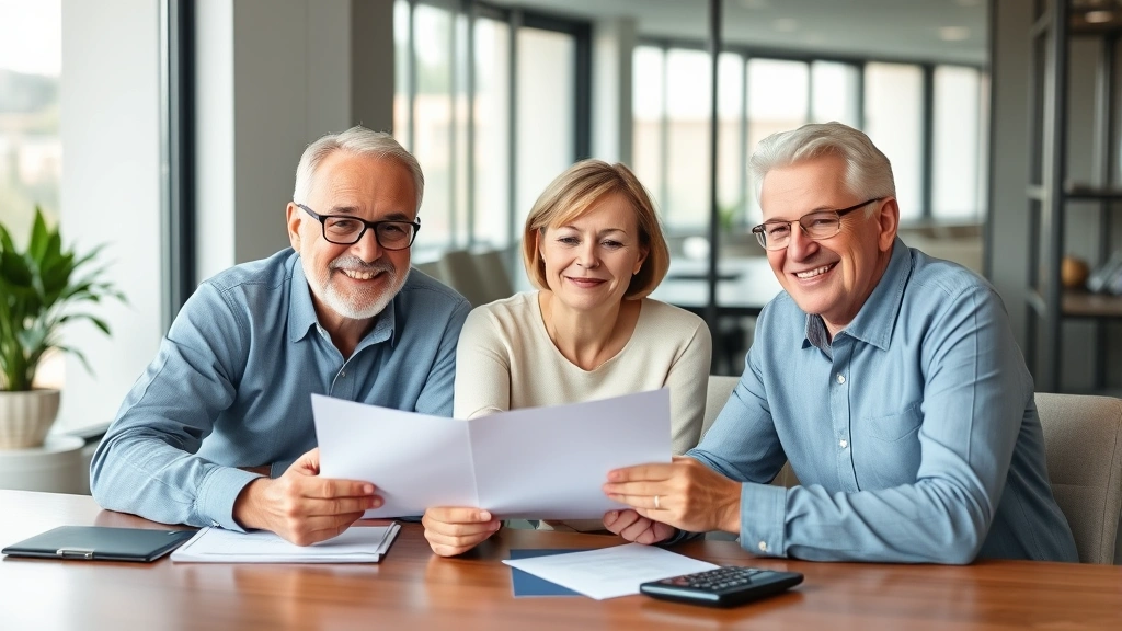 Successful middle-aged couple reviewing retirement plans with financial advisor in modern office, smiling with confidence, documents and calculator on desk
