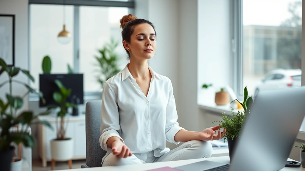 Calm professional woman meditating in bright modern office with plants, peaceful expression, natural window light, minimalist desk workspace, serene environment