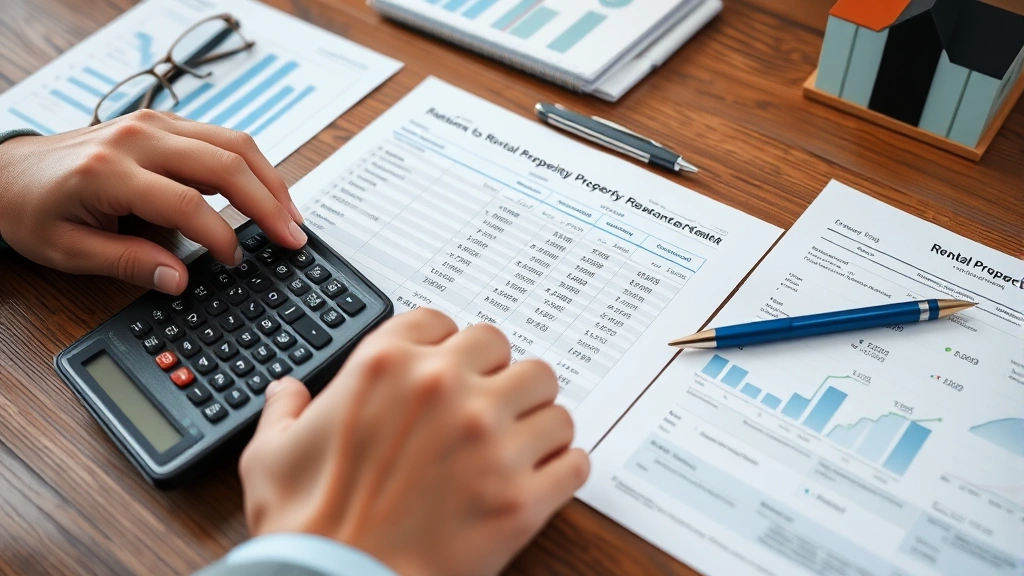 Close-up of hands calculating rental property expenses and returns on spreadsheet with calculator, pen, and financial documents on wooden desk, showing detailed investment analysis and wealth planning