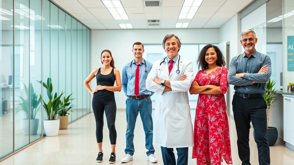 Diverse group of health and wellness professionals—doctor, fitness trainer, nutritionist, mental health counselor—standing together in modern medical facility, confident poses, representing comprehensive health-wealth ecosystem