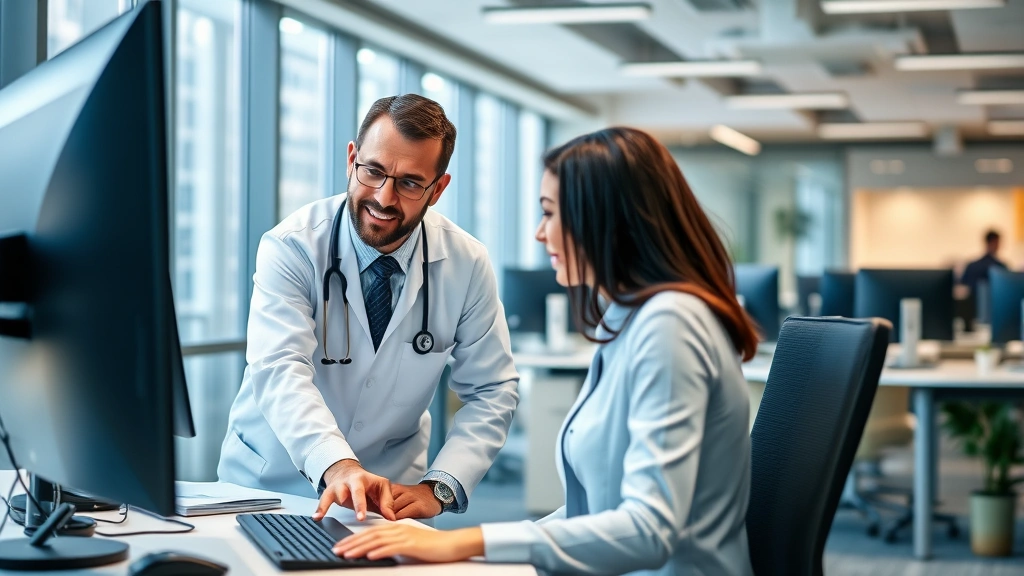 Professional occupational health specialist conducting workplace ergonomic assessment in modern office environment, examining employee workstation setup, natural lighting, focused consultation