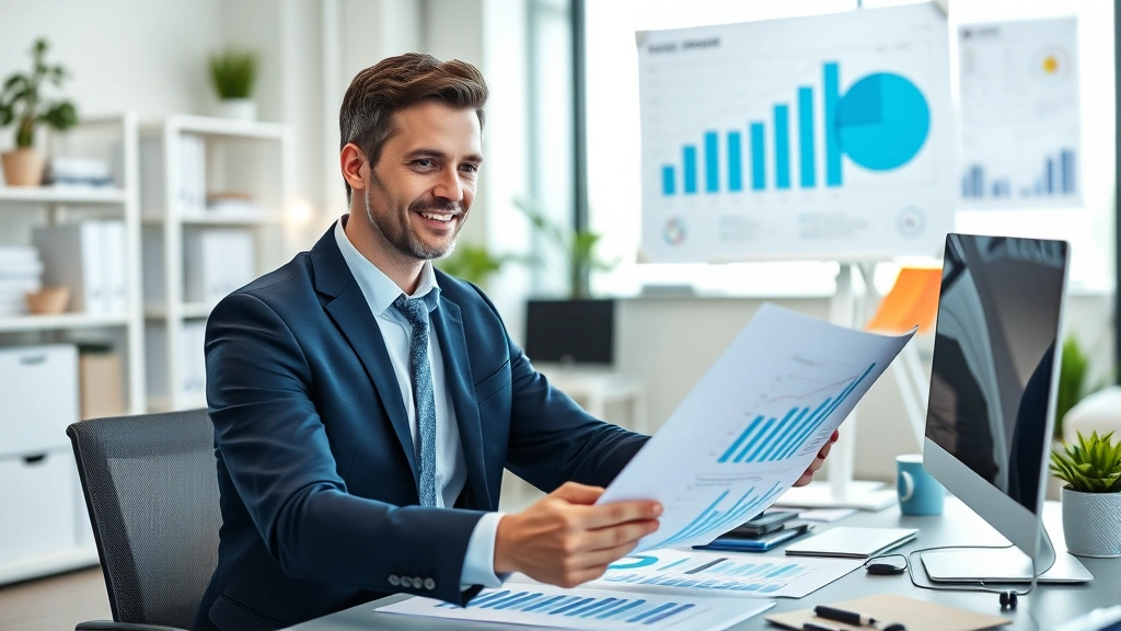Successful healthcare business owner in modern consulting office reviewing financial reports and growth charts, confident professional surrounded by occupational health resources and client materials