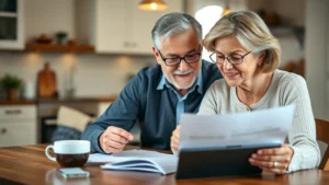 Professional mature couple aged 60-70 reviewing health insurance documents together at kitchen table with coffee, warm natural lighting, organized paperwork and digital tablet visible, genuine focused expressions