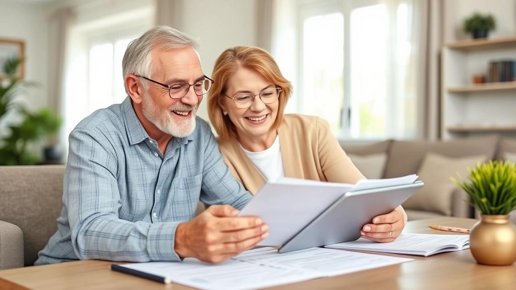 Senior retiree couple reviewing healthcare documents at home, smiling while planning medical benefits with digital tablet and paperwork on table, comfortable living room setting with natural window light