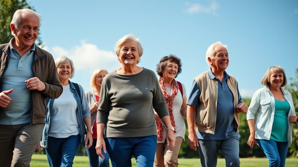 Diverse group of active retirees enjoying outdoor wellness activity together, walking in park with natural scenery and blue sky background, genuine happiness and vitality, age 60-75 range