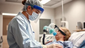 Professional respiratory therapist in clinical setting wearing protective equipment, assisting patient with breathing apparatus in modern hospital environment, focused and competent