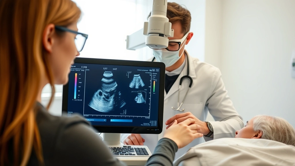 Diagnostic medical sonographer performing ultrasound examination on patient in bright clinical room, displaying professional expertise and patient care interaction