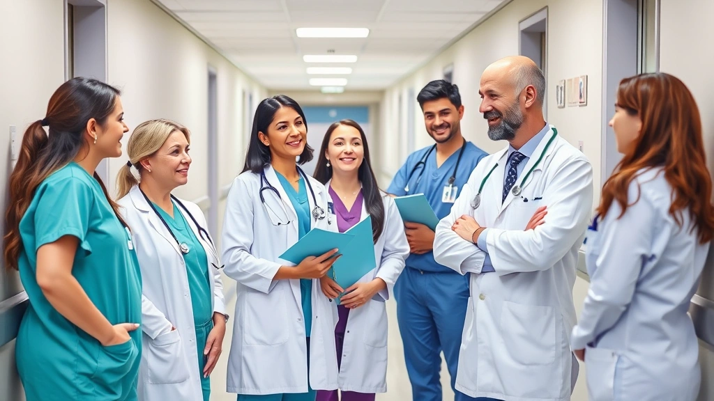 Allied health professionals collaborating in hospital corridor, diverse team discussing patient care with confident body language and modern healthcare facility background