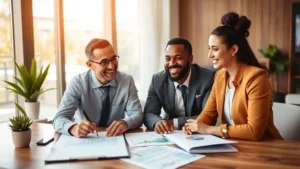 Professional financial advisor meeting with diverse client in modern office, reviewing wealth portfolio charts and investment documents on desk, warm natural lighting, confident expressions showing financial progress and planning
