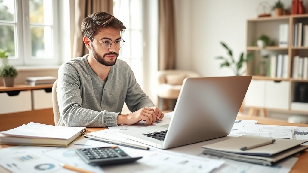 Young professional working at laptop in home office surrounded by financial planning materials, calculator and notebook visible, natural sunlight from window, focused expression showing dedication to wealth building strategy