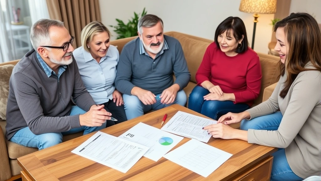 Multi-generational family having financial planning discussion with professional advisor in comfortable living room setting, documents and financial plans on coffee table, warm atmosphere showing long-term wealth goals and security