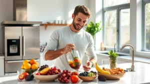 Affluent entrepreneur in modern minimalist kitchen preparing fresh smoothie bowl with organic fruits and superfoods, natural sunlight streaming through large windows, stainless steel equipment visible, professional yet approachable atmosphere
