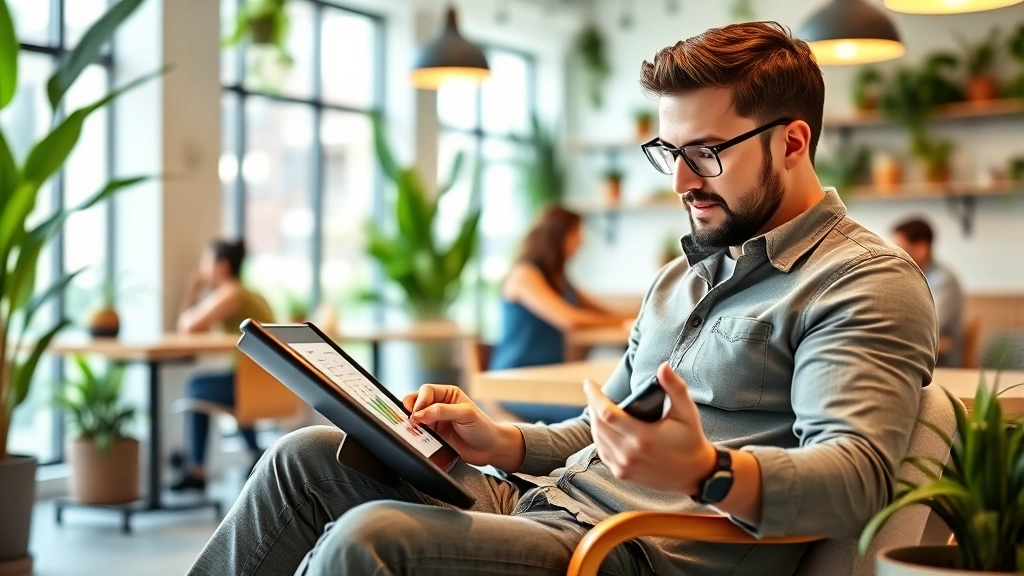 Successful business owner in casual attire reviewing financial metrics on tablet while seated in bright, plant-filled wellness cafe interior, modern decor with healthy customers in background, embodying health-wealth connection
