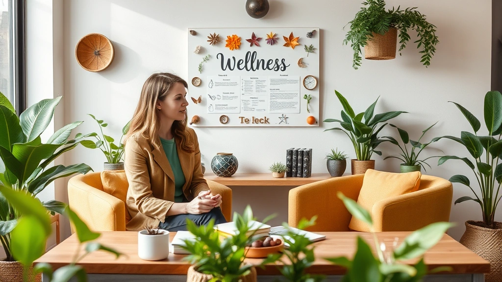 Prosperous wellness professional consulting with client in contemporary office space, motivational wellness vision board on wall, plants and natural elements throughout, representing holistic wealth and health integration