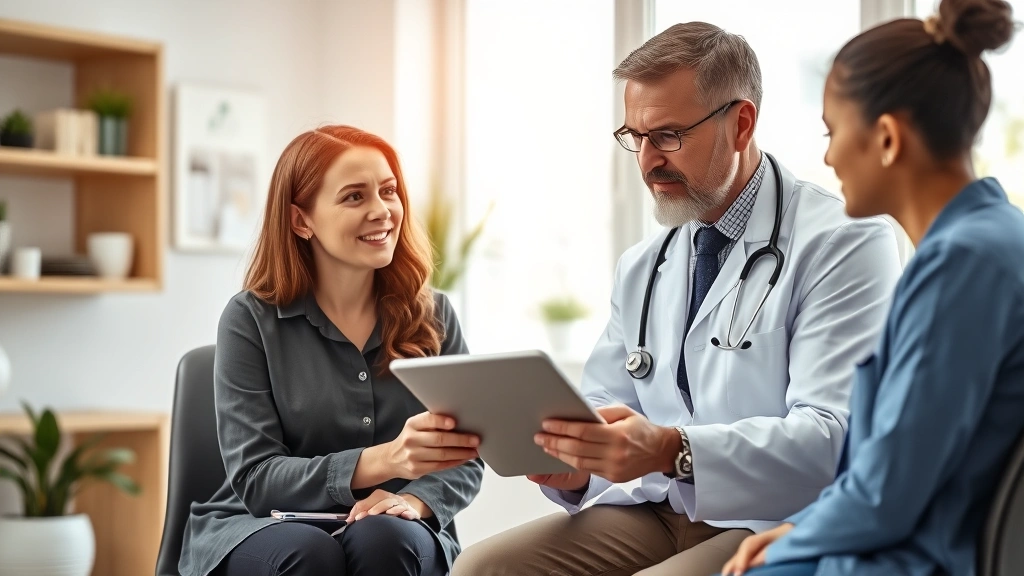 Healthcare provider consulting with patient in bright medical office, discussing treatment options with tablet, diverse representation, modern clinic environment with wellness focus