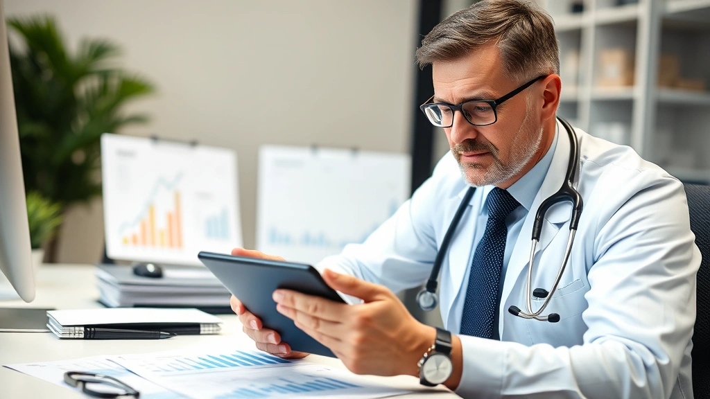 Healthcare professional reviewing investment portfolio on tablet, sitting at desk with financial charts and growth indicators visible, professional attire, focused expression