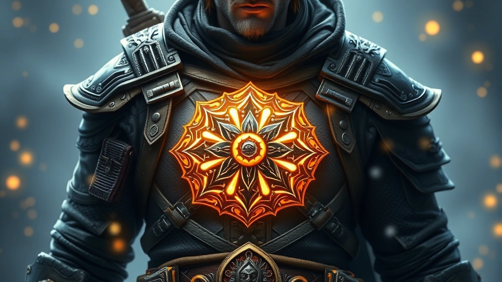 A fantasy warrior character wearing an ornate glowing amulet on their chest, standing confidently in adventurer's gear, surrounded by magical light particles floating in air, photorealistic fantasy style, no text or numbers visible