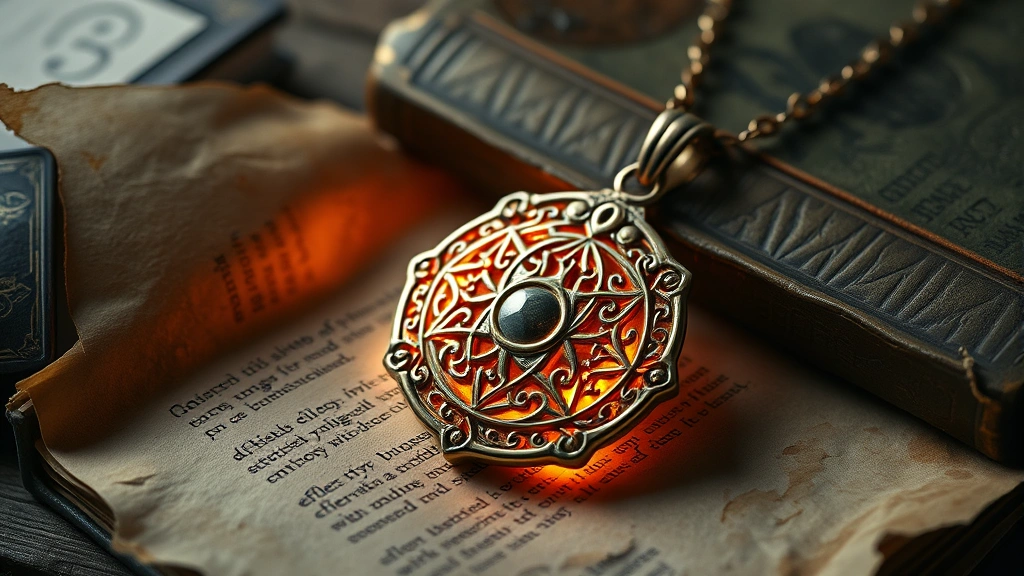 A detailed shot of an intricate magical amulet pendant with ethereal glowing energy around it, resting on weathered fantasy parchment and ancient books, warm magical illumination, photorealistic magical artifact aesthetic, no text