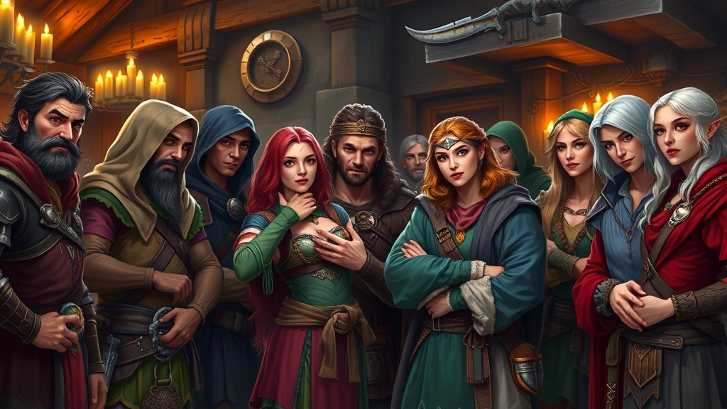 A diverse party of fantasy adventurers of different races and classes standing together in a tavern, looking healthy and confident, one character visibly touching their chest amulet, warm candlelight ambiance, photorealistic fantasy scene, no visible text