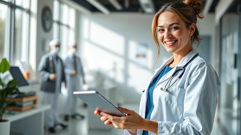 Professional woman using tablet computer in modern medical office reviewing healthcare provider information and pricing, natural lighting, confident expression, modern healthcare facility background