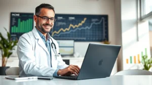 Professional healthcare provider in modern office setting working on laptop with multiple income charts and financial growth graphs visible in background, confident expression, natural lighting, wealth building environment