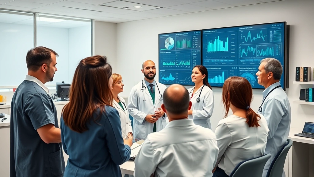 Diverse group of healthcare professionals in a modern clinic reviewing patient data and quality metrics on digital displays, collaborative environment, contemporary medical setting