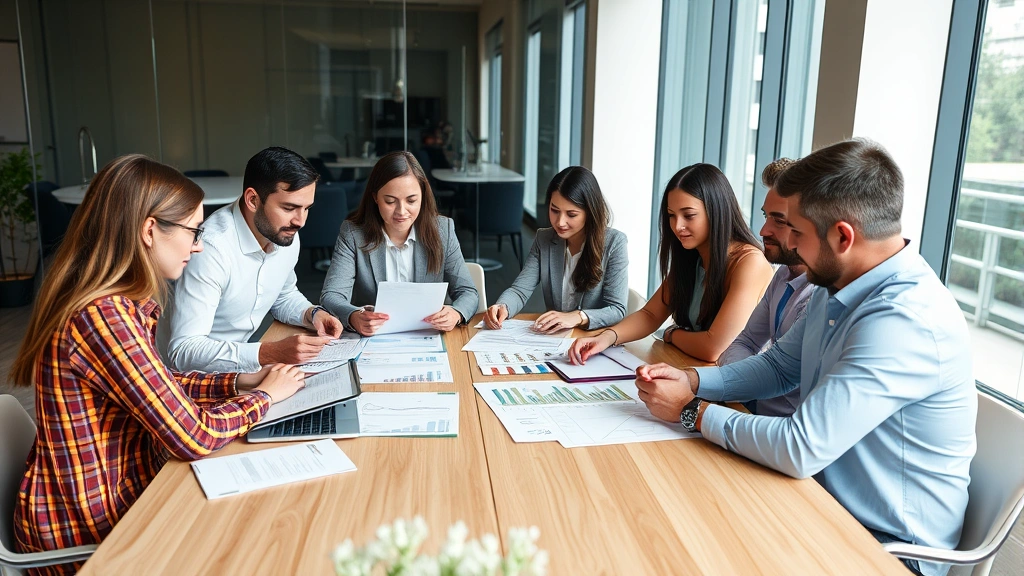 Diverse group of professionals reviewing investment portfolios and financial documents around conference table, analyzing passive income opportunities, modern office setting, collaborative atmosphere
